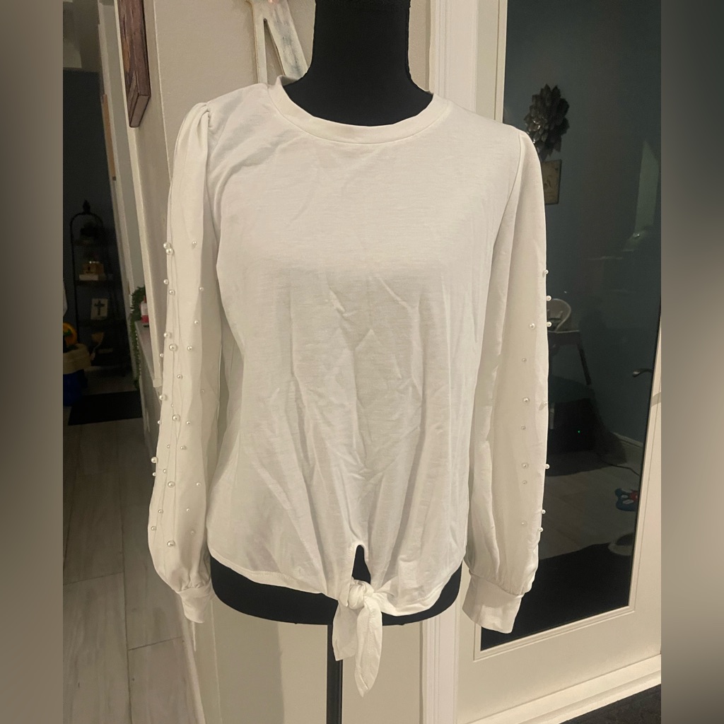 Elegant White Tie-Front Top With Pearl Accents